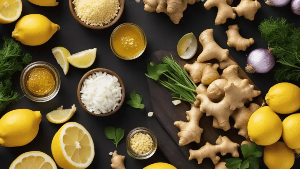 Ginger, Onion, and Garlic on Wooden Table - Ingredients for Immunity Booster Tonic"