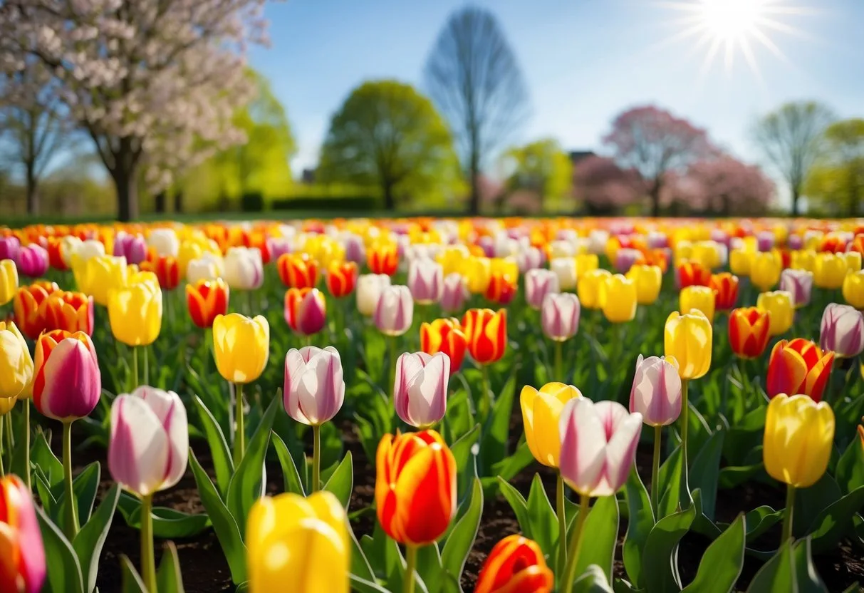 A field of colorful tulips in full bloom, swaying gently in the breeze under the bright sun