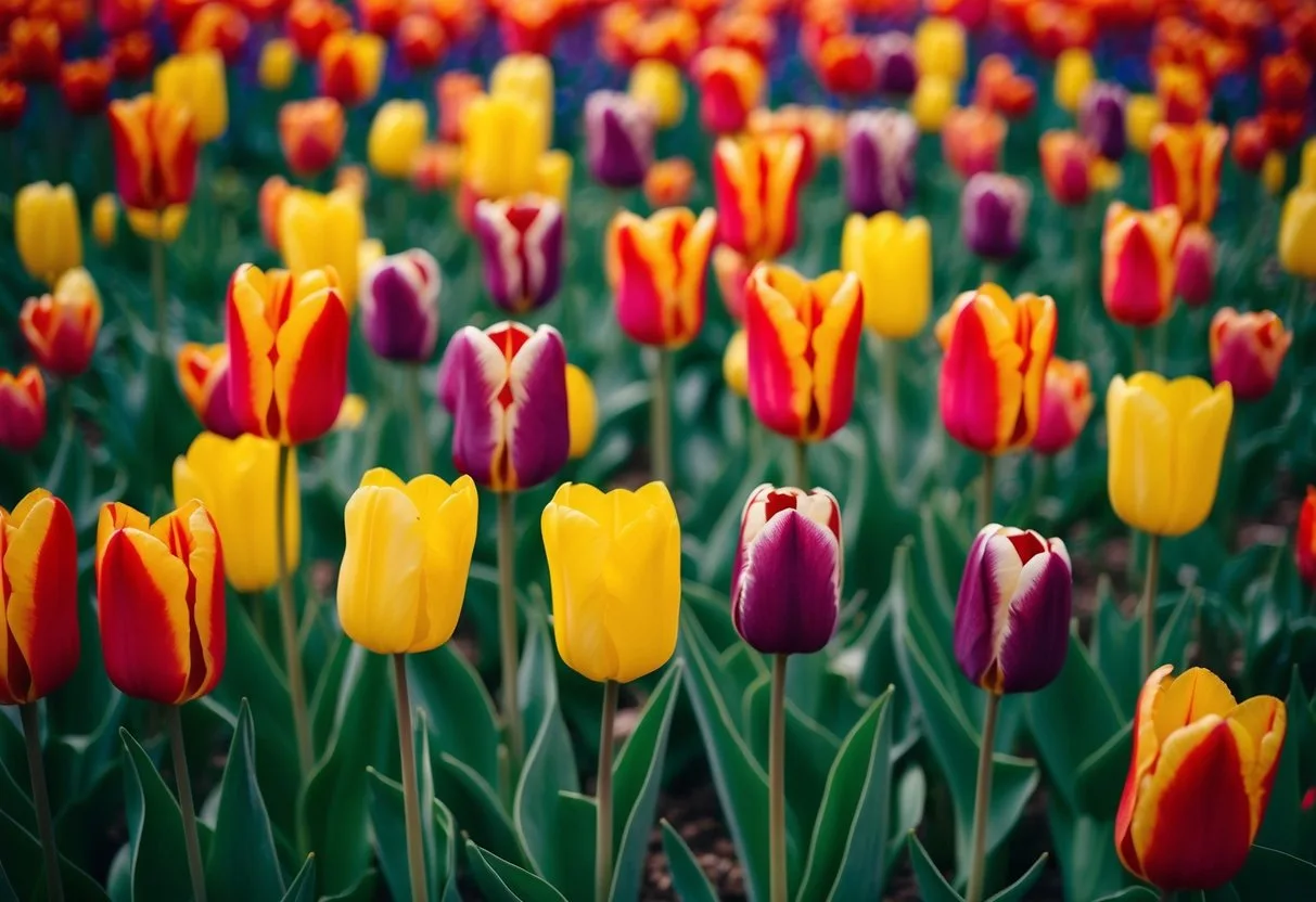 A vibrant mix of parrot tulips in various colors and shapes