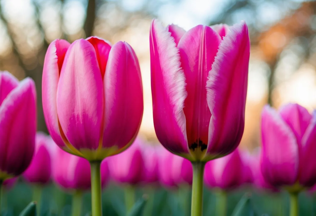 Two vibrant pink tulips standing side by side, one with a smooth, rounded petal shape and the other with a pointed, fringed edge