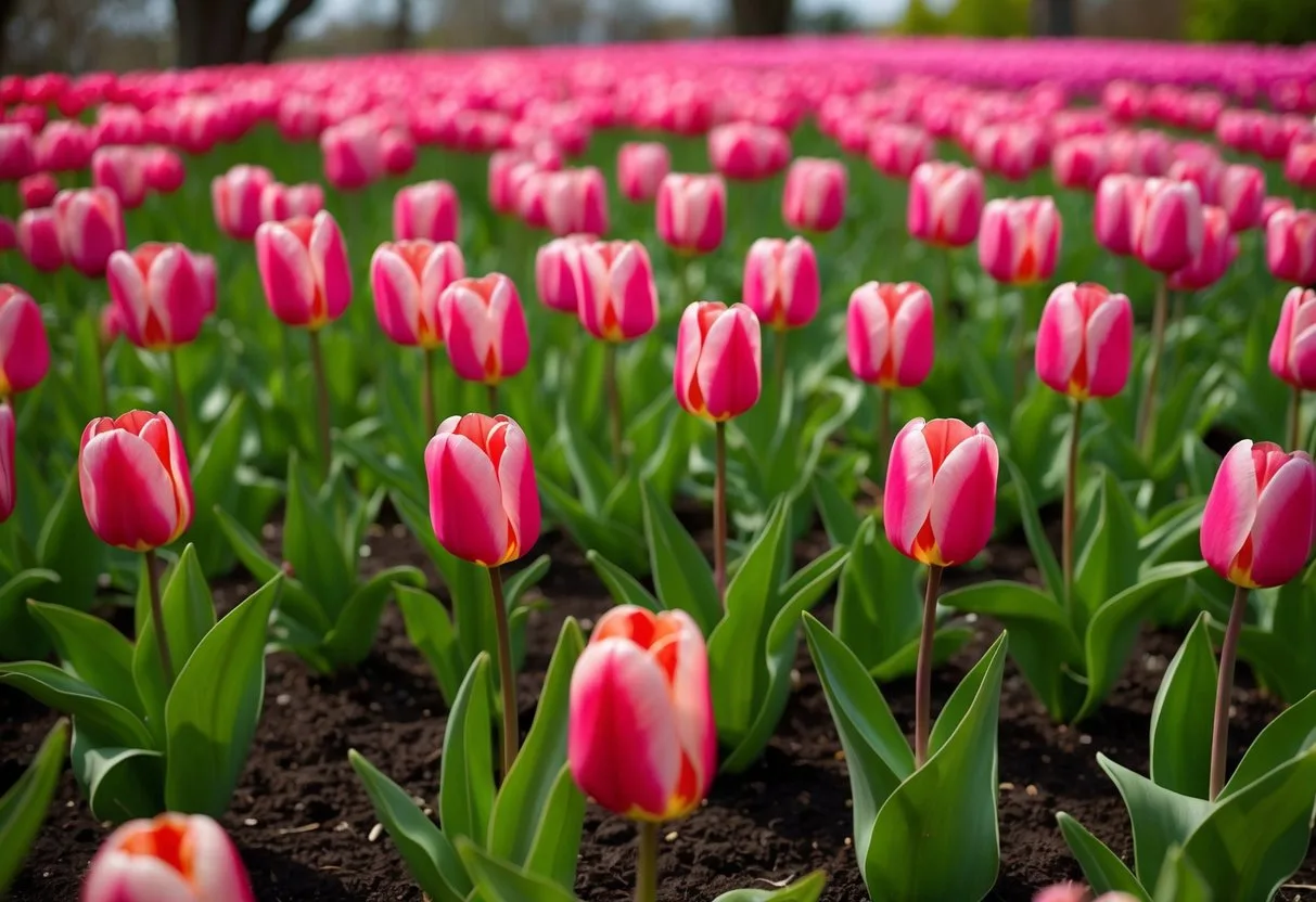 A garden bed filled with vibrant pink Darwin Hybrid Pink Impression Tulips in full bloom