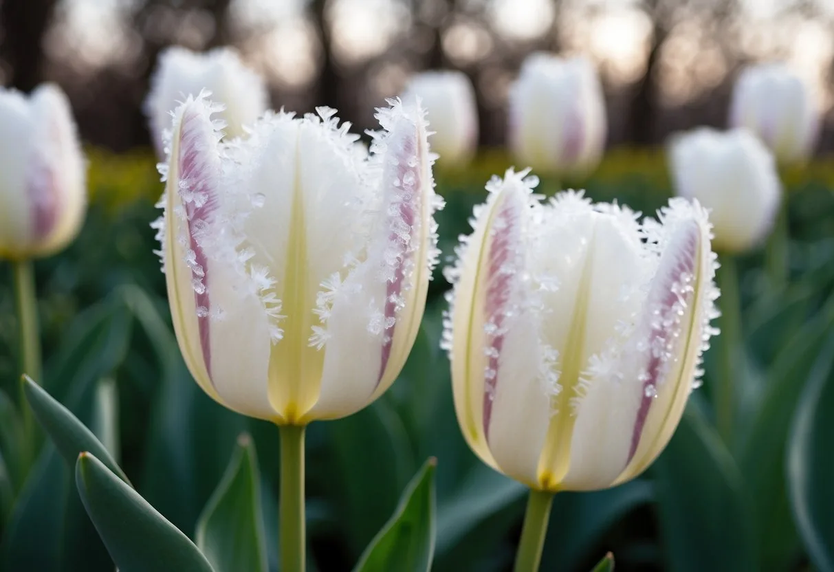 Two double-fringed snow crystal tulips in full bloom, their delicate petals adorned with intricate patterns and shades of white and pale pink