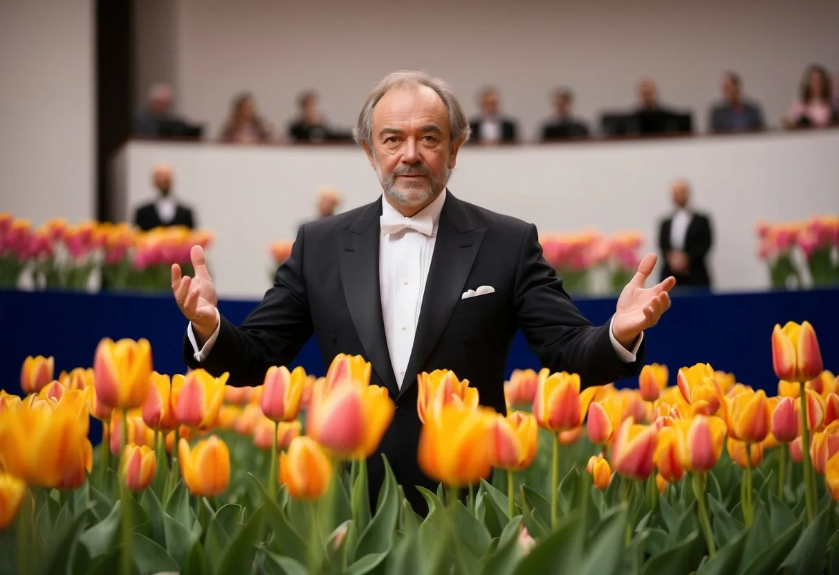 Valery Gergiev, a renowned conductor, surrounded by vibrant Tulip flowers