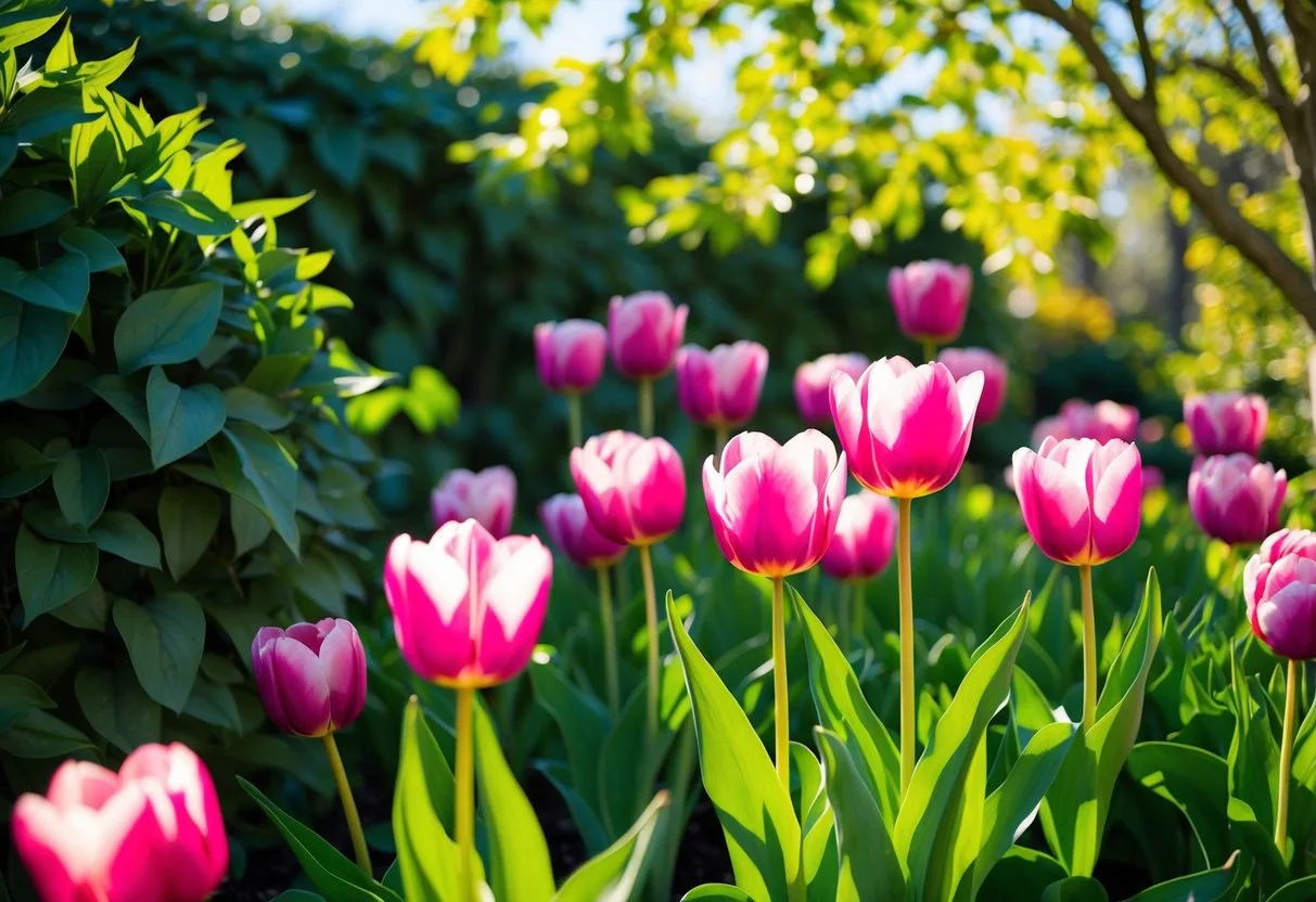 A vibrant garden with peony tulips in full bloom, surrounded by lush green foliage and dappled sunlight filtering through the leaves