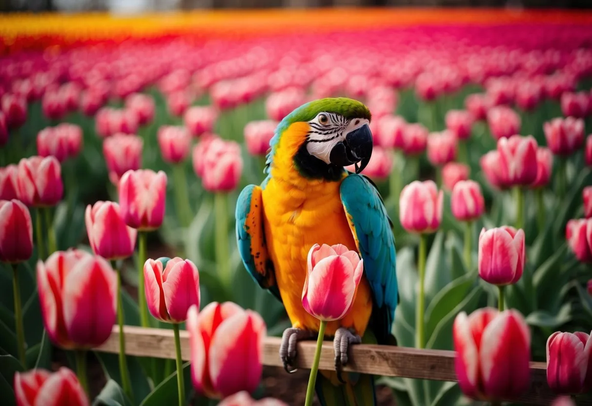 A parrot with pink vision admires a field of tulips