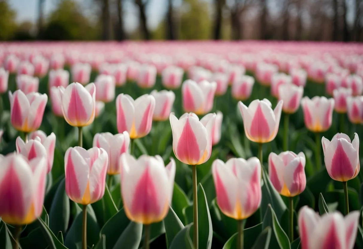 A field of Lasting Love Lily Flowering Tulips in full bloom, their elegant, pink-tinged petals gently swaying in the breeze