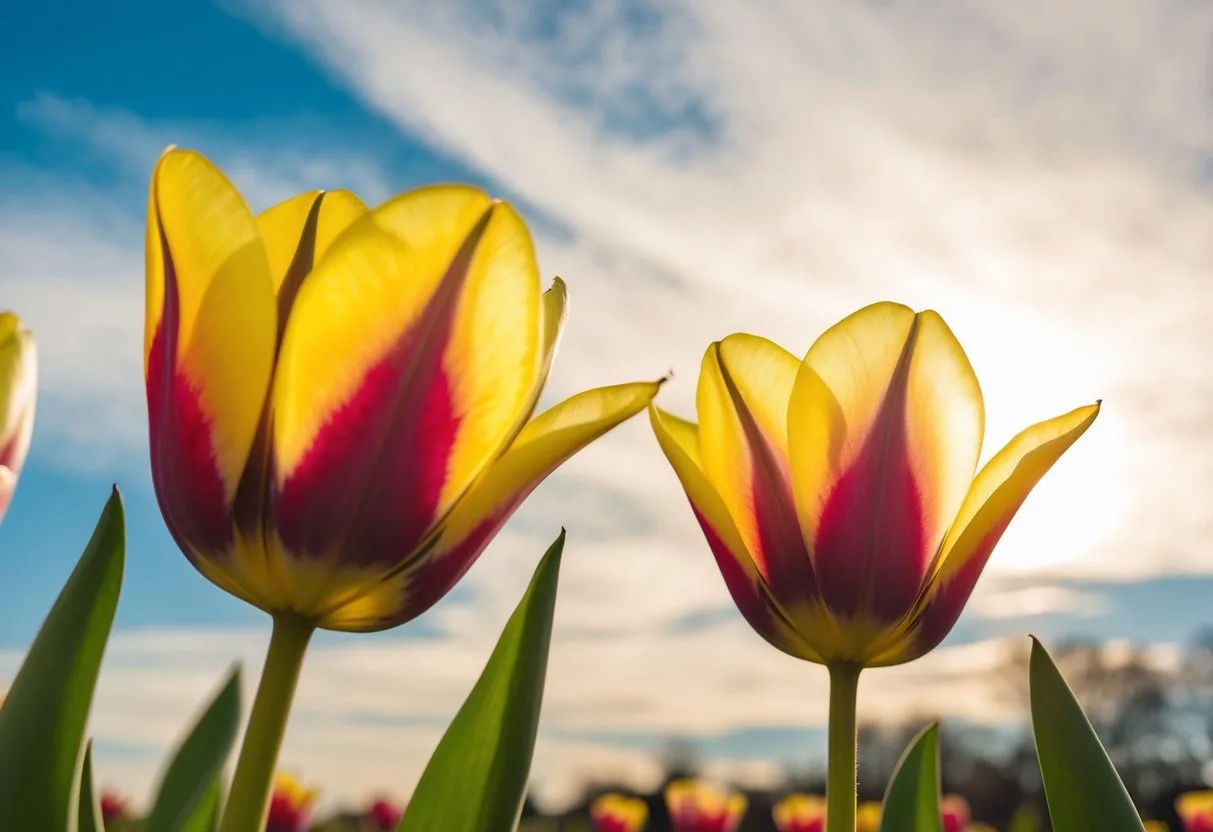 Two vibrant Double Sun Lover Tulips basking in the sunlight, their petals in full bloom and reaching towards the sky