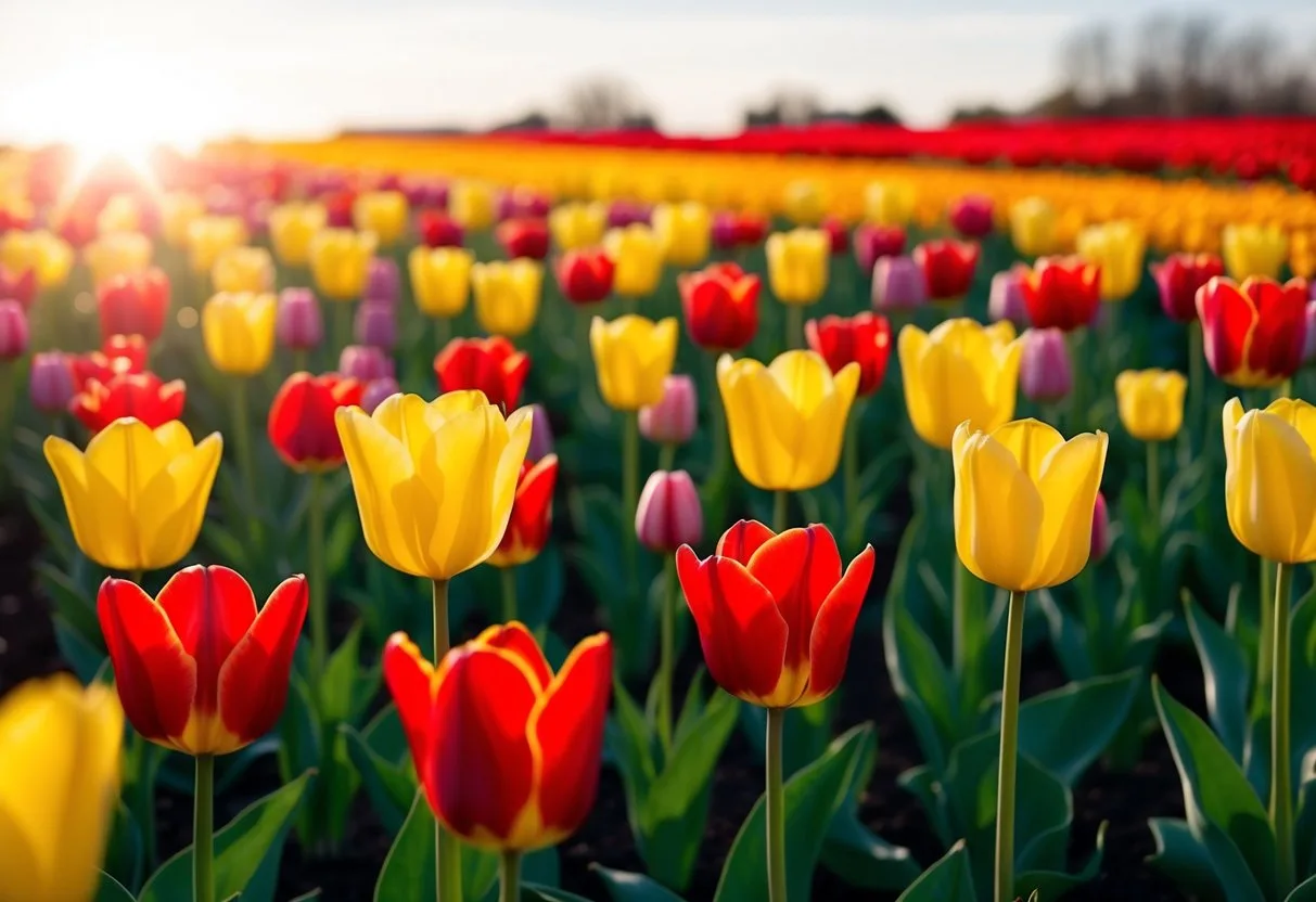 A field of Grand Perfection Tulips in full bloom, with vibrant red and yellow petals reaching towards the sun