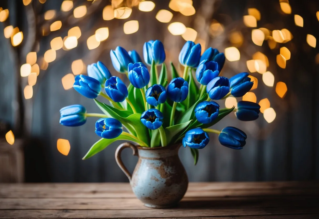 A vibrant bouquet of Bleu Aimable Tulips in a rustic vase