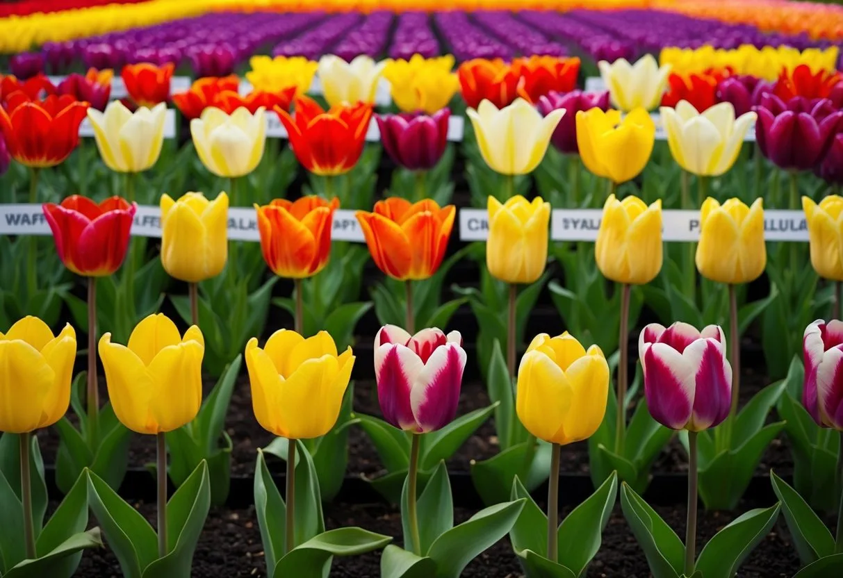 A variety of tulips arranged in rows, each labeled with a different type of tulip. Bright colors and various shapes are on display