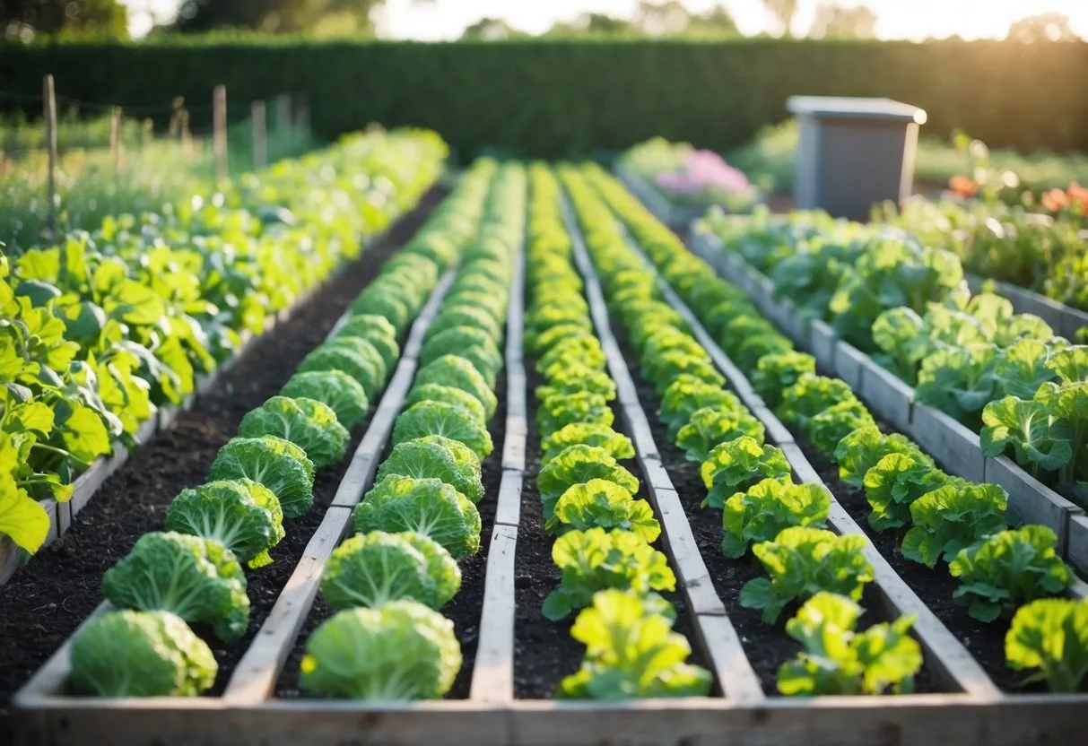 A rectangular vegetable garden, approximately 20 feet by 15 feet, with neat rows of various crops and a small compost bin in the corner