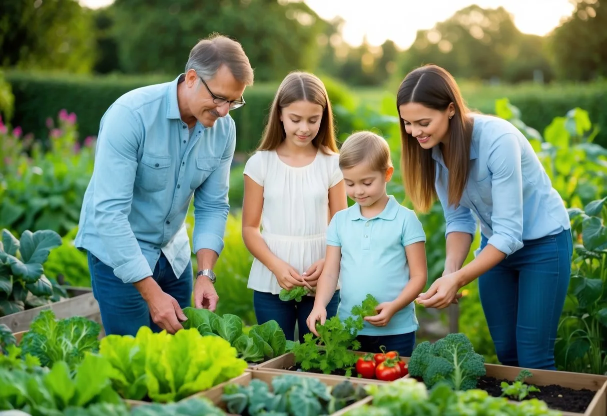 A family of four standing in a garden, surrounded by various vegetable plants. They are carefully selecting which plants to grow for their vegetable garden