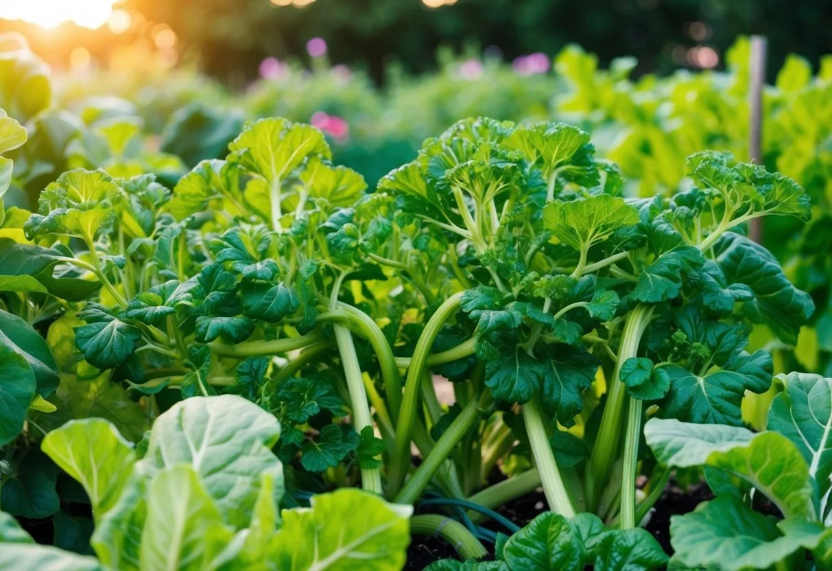 Lush green plants intertwine, supporting each other in a thriving vegetable garden for a family of four