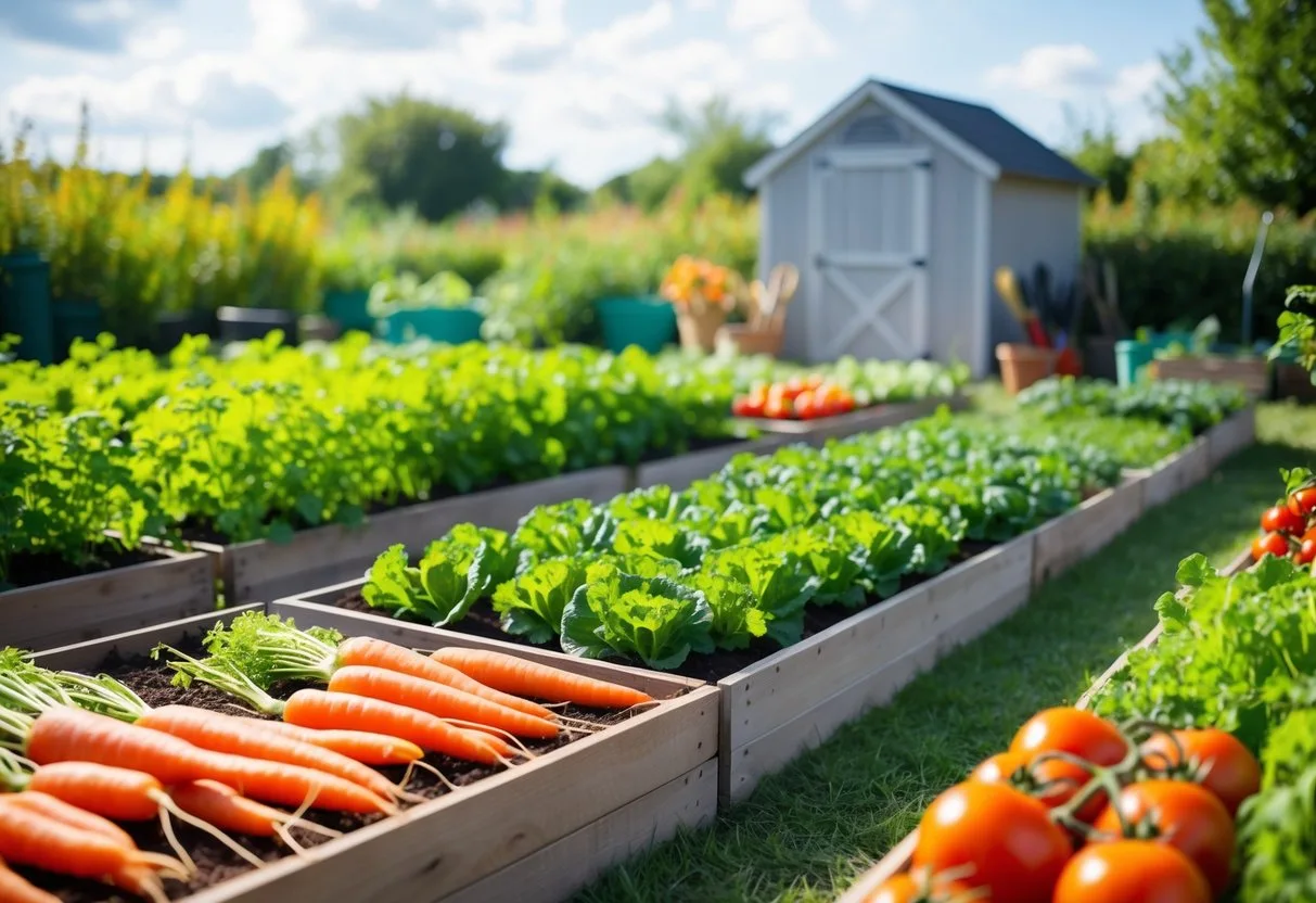 A vibrant vegetable garden with raised beds, neatly organized rows of carrots, tomatoes, and lettuce. A small shed in the background holds gardening tools