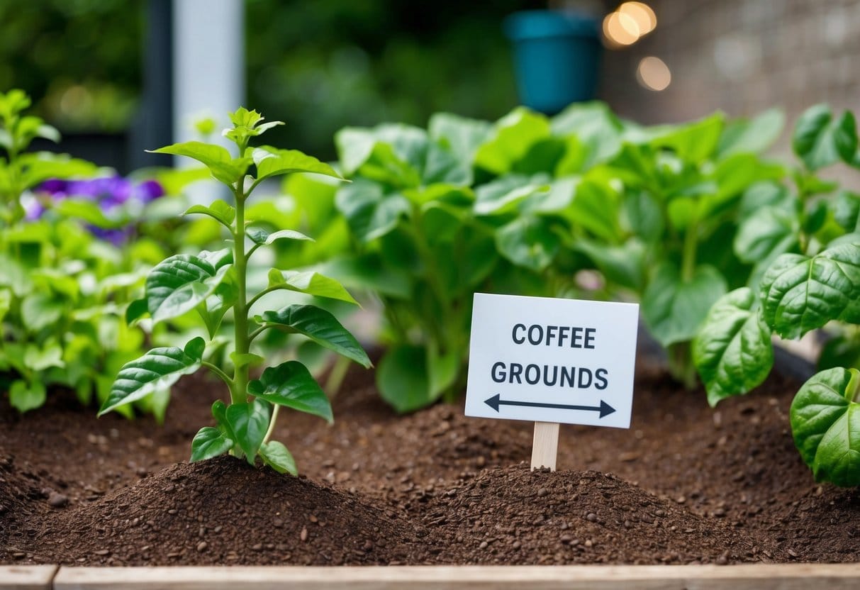 Coffee grounds scattered around thriving plants in a garden bed. A small sign indicates "Coffee Grounds" with arrows pointing to the plants