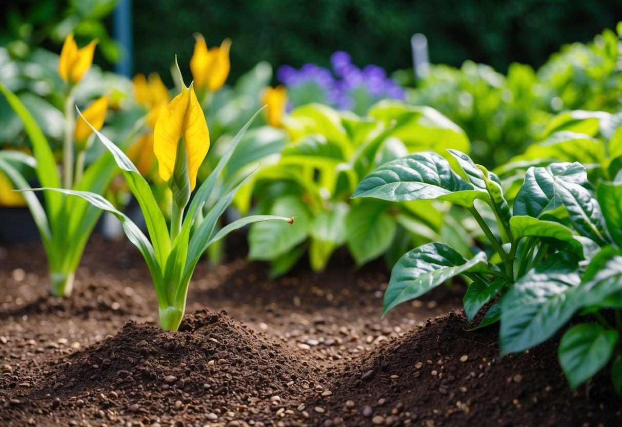 Plants wilting near coffee grounds, while thriving plants are surrounded by coffee grounds in a garden