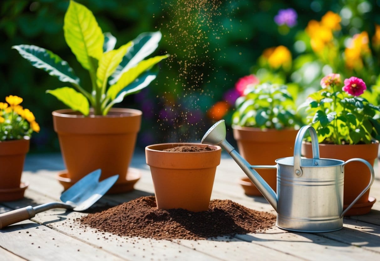 Coffee grounds sprinkled around potted plants in a sunny garden. A small shovel and watering can nearby. Green leaves and colorful flowers in the background