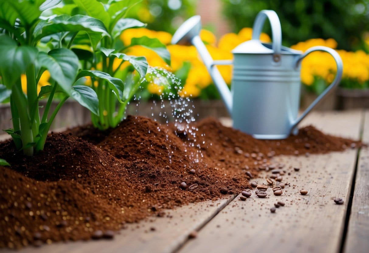 Coffee grounds sprinkled around garden plants, with a watering can nearby