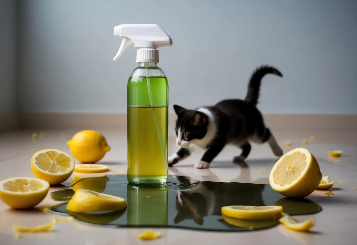 A spray bottle surrounded by scattered lemon peels and vinegar, with a mischievous pet sneaking away from a puddle on the floor