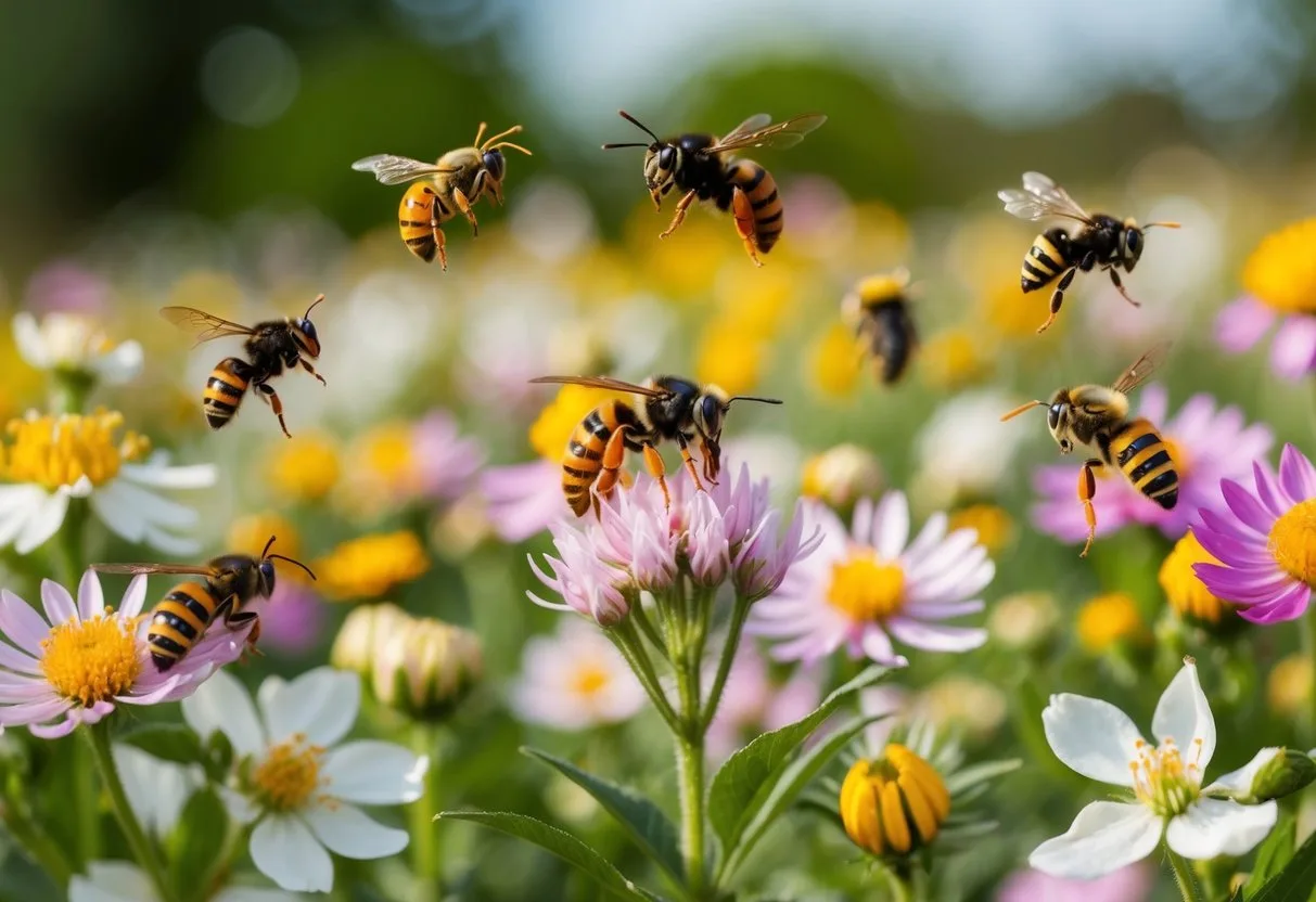A field of flowers with bees, wasps, bumblebees, and hornets flying around different types of blossoms