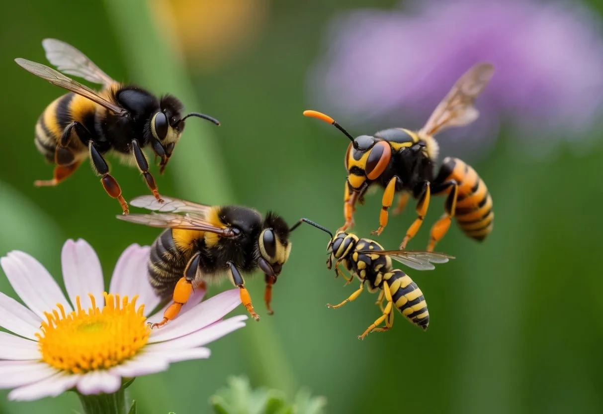 A bumblebee hovers near a flower, while a wasp and a hornet buzz nearby. The differences in size, color, and markings are evident