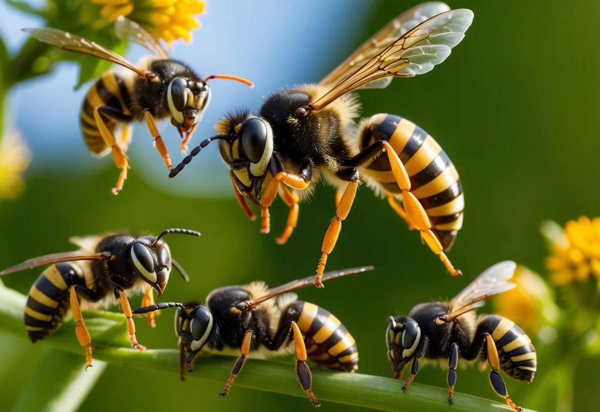 A close-up of bees, wasps, bumblebees, and hornets in their natural habitat, showcasing their distinct physical characteristics and behaviors