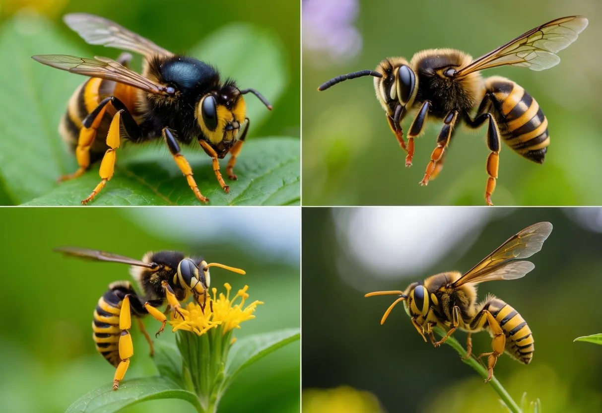 A close-up of a bumblebee, wasp, honeybee, and hornet in a garden setting, highlighting their distinct physical characteristics and behaviors