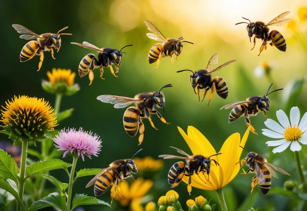 A group of bees, wasps, bumblebees, and hornets flying around various flowers and plants, each with distinct physical characteristics