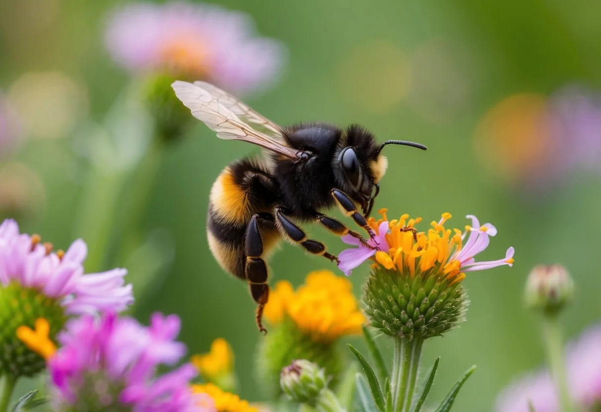 A bumblebee hovers over a vibrant patch of wildflowers, collecting nectar and pollinating the blossoms