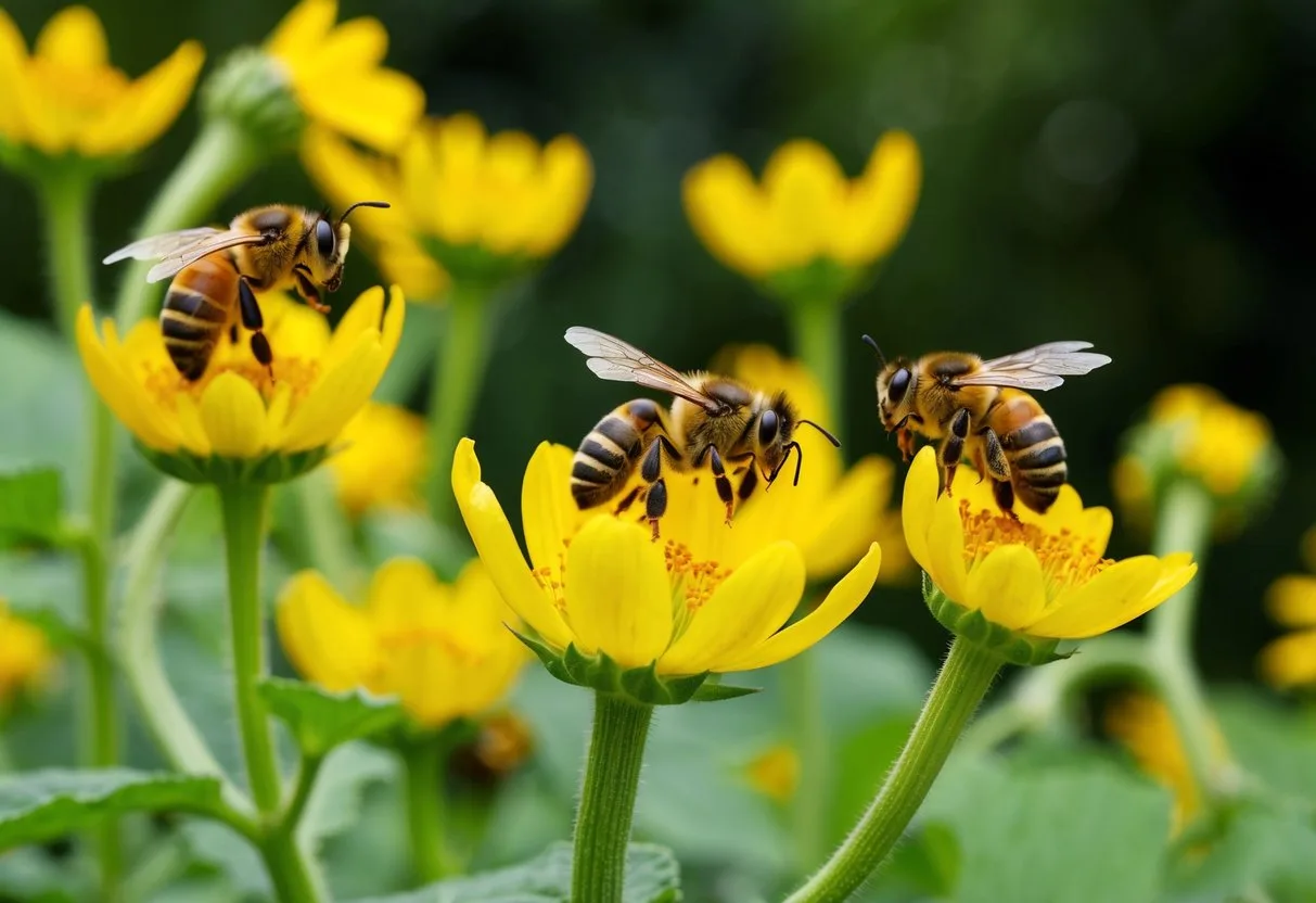 A group of squash bees pollinating yellow squash flowers in a garden