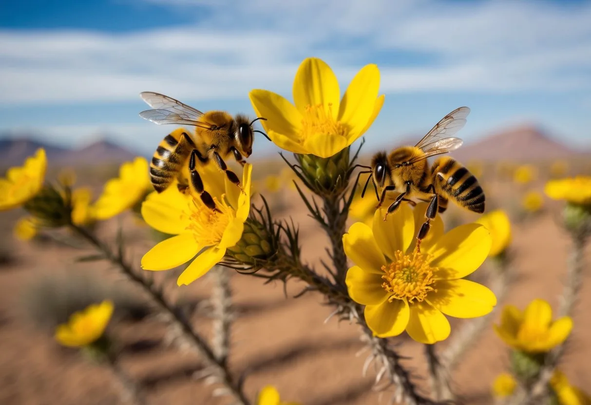 Alkali bees pollinating vibrant yellow wildflowers in a dry desert landscape