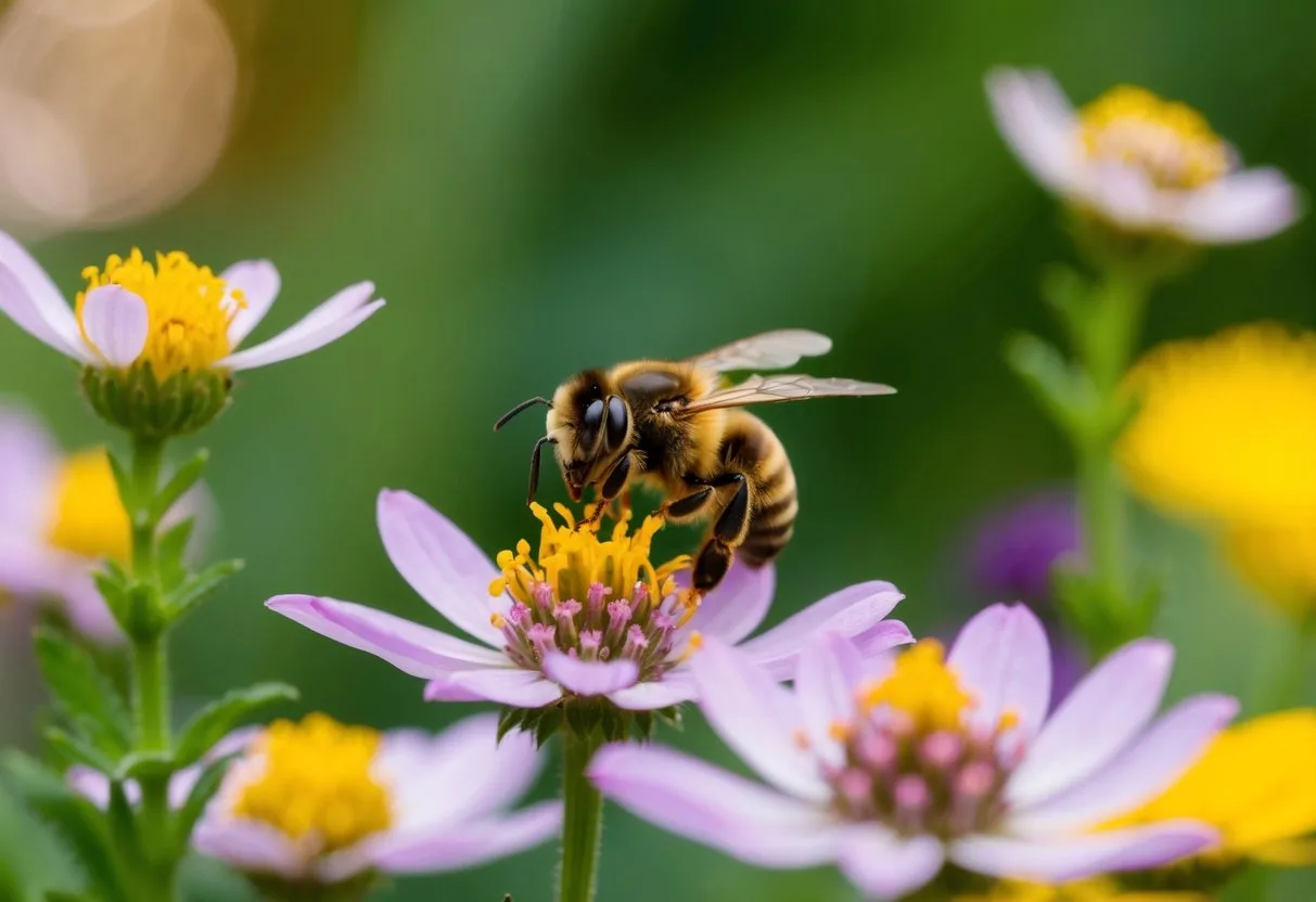 A close-up of a mason bee pollinating flowers in a garden