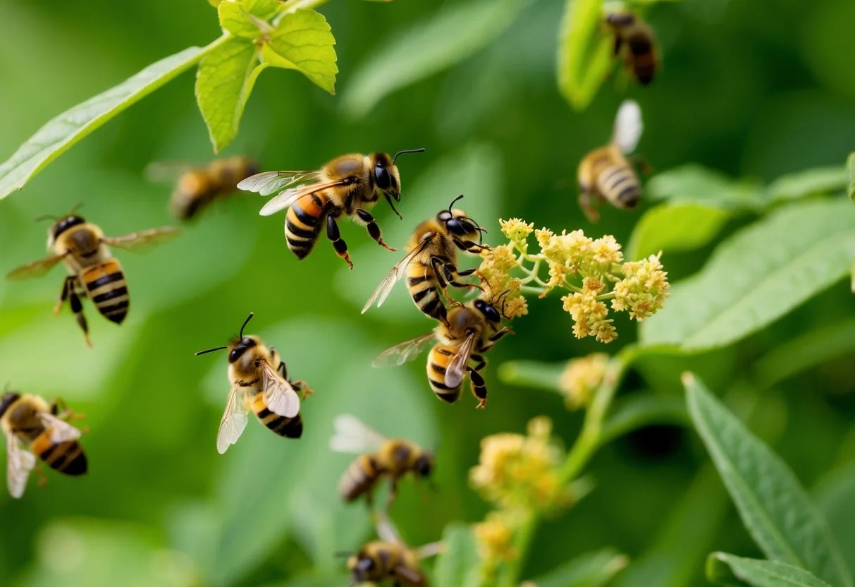 Leafcutting bees buzzing around a garden, collecting leaves to build their nests