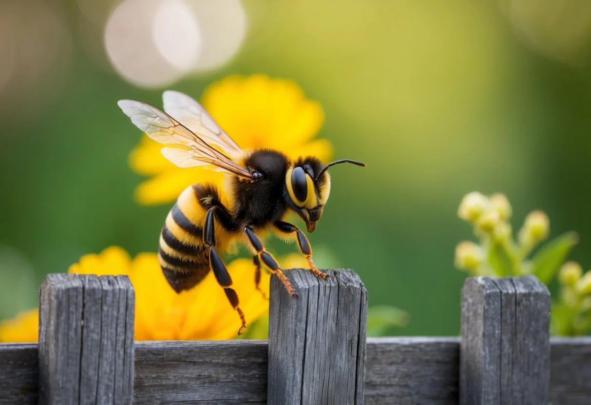 A carpenter bee hovers near a wooden fence, its large body and distinctive black and yellow markings clearly visible