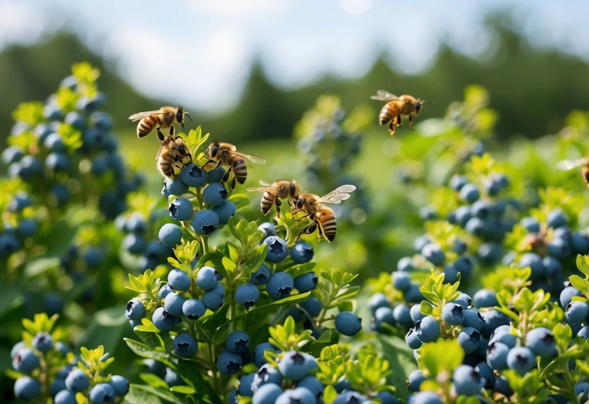 A cluster of blueberry bushes buzzing with various types of beneficial bees