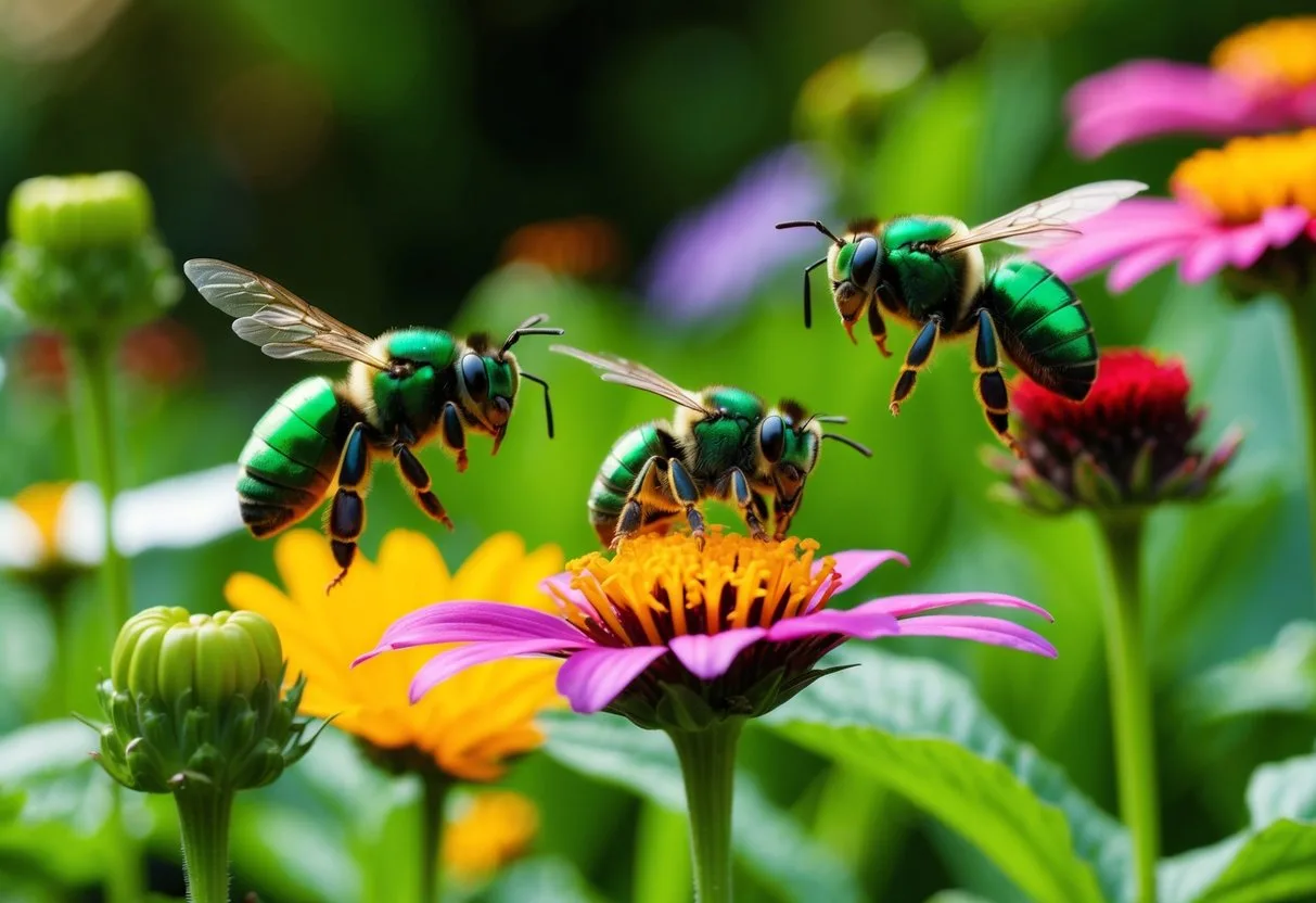 Vibrant green metallic bees pollinating colorful flowers in a lush garden