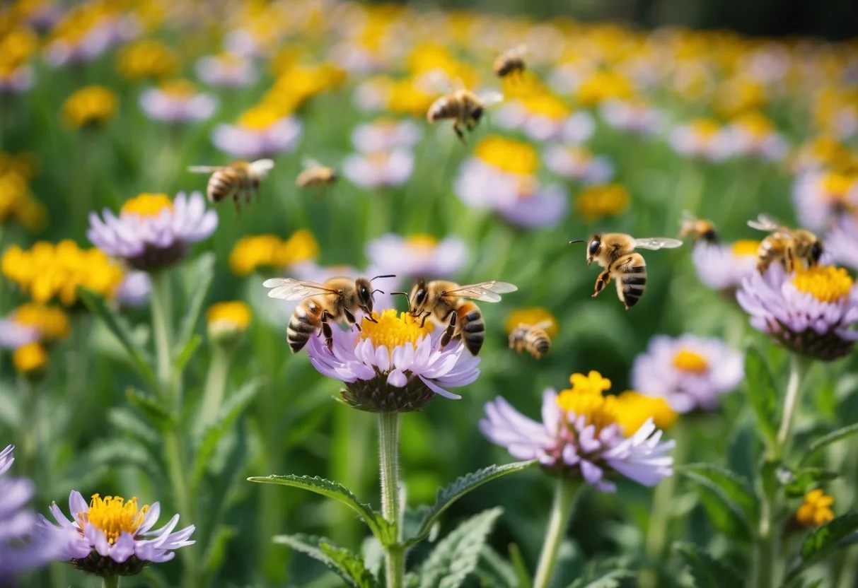 A field of blooming flowers with furrow bees buzzing around, pollinating and collecting nectar