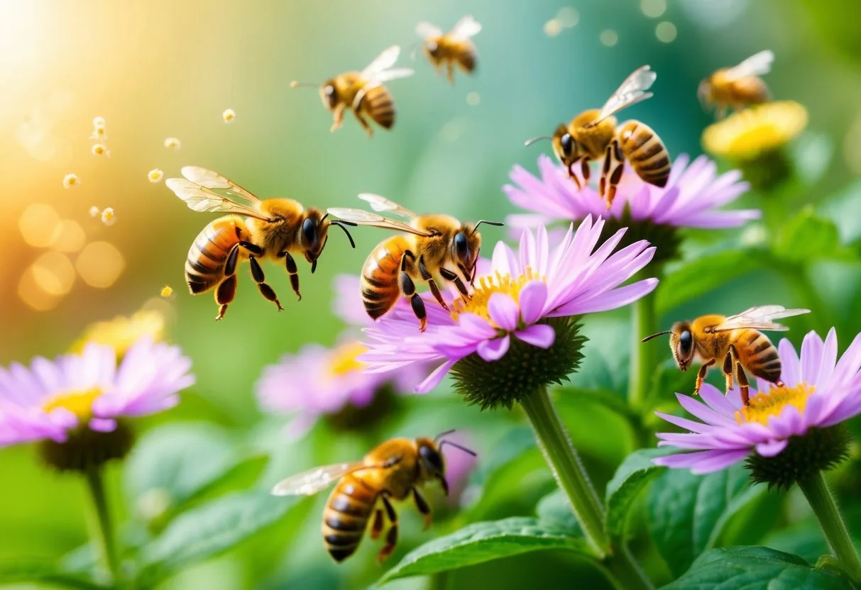 A colorful illustration of honeybees buzzing around a blooming garden, collecting nectar and pollinating flowers