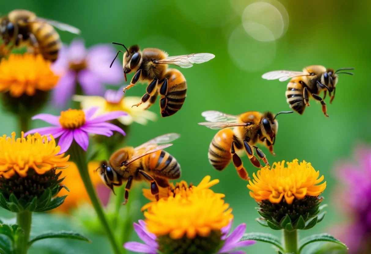 A variety of beneficial bees, including honeybees, bumblebees, and mason bees, buzzing around colorful flowers and collecting nectar