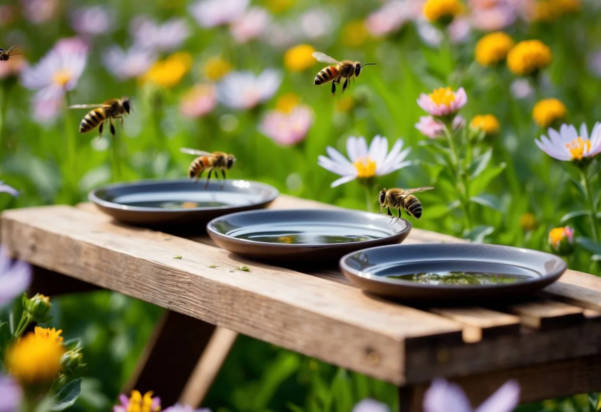 A wooden platform with shallow dishes filled with water, surrounded by blooming flowers and buzzing pollinators