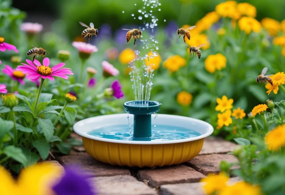 A colorful garden with a small DIY watering station made from a shallow dish filled with water and surrounded by vibrant flowers and buzzing pollinators