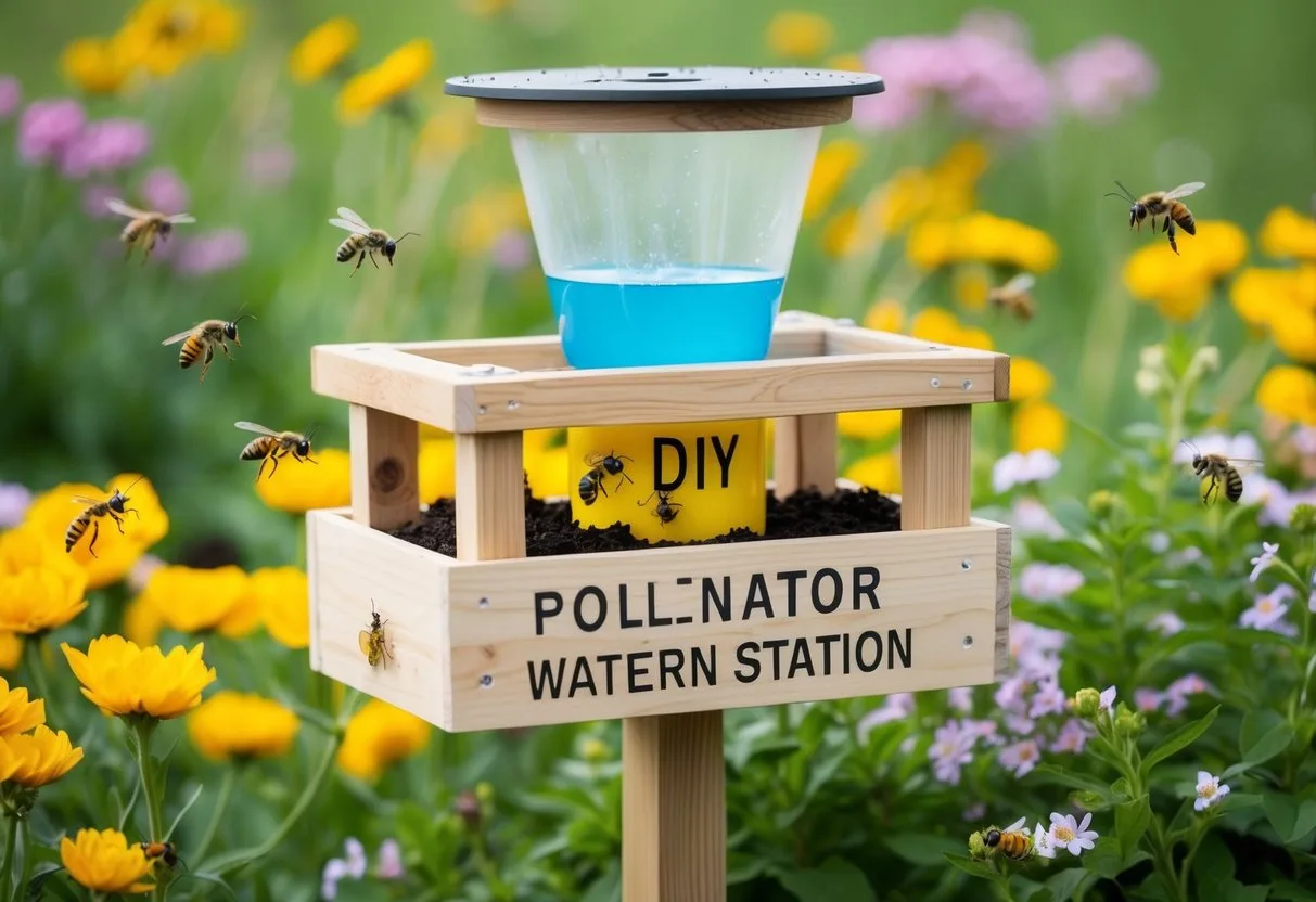 A wooden DIY pollinator watering station surrounded by blooming flowers and buzzing insects