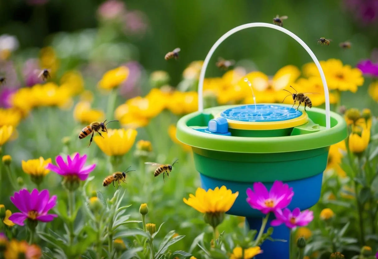 A colorful DIY pollinator watering station surrounded by blooming flowers and buzzing insects