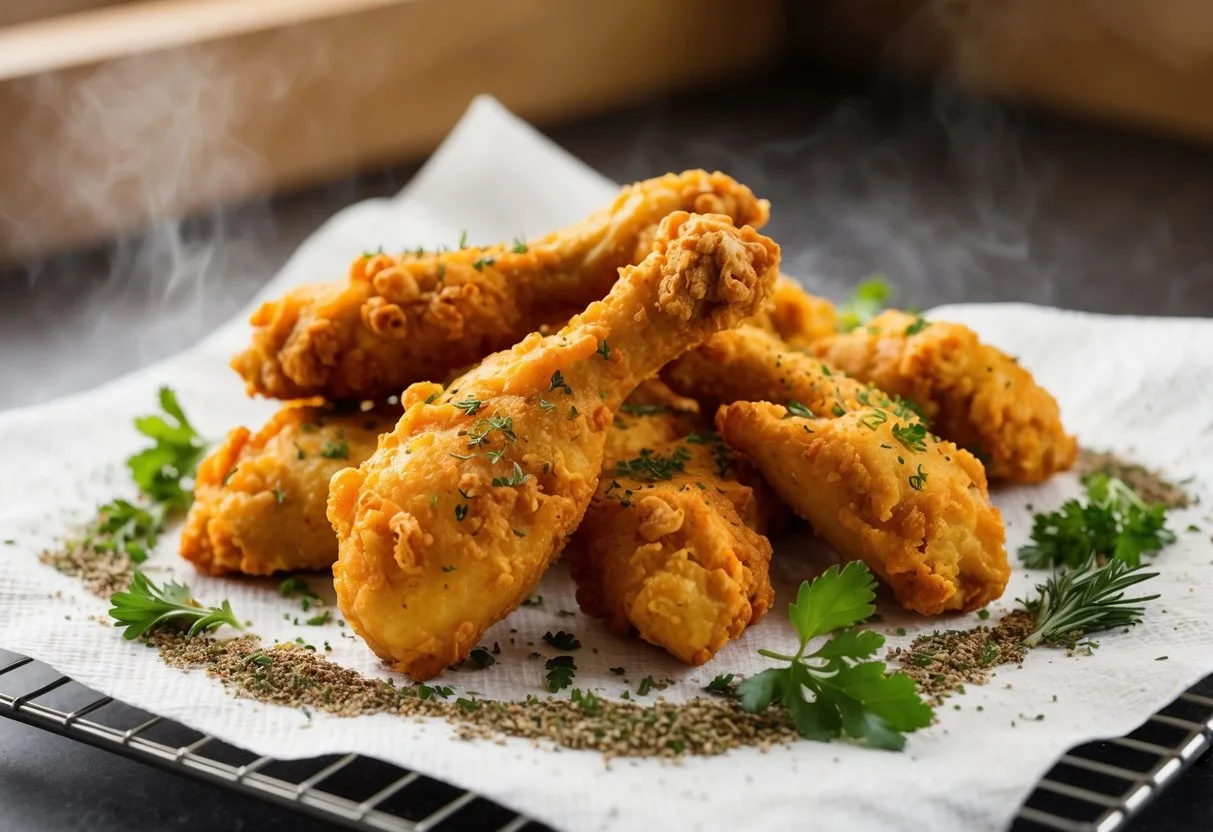 Golden fried chicken pieces surrounded by herbs and spices, resting on a wire rack above a bed of paper towels