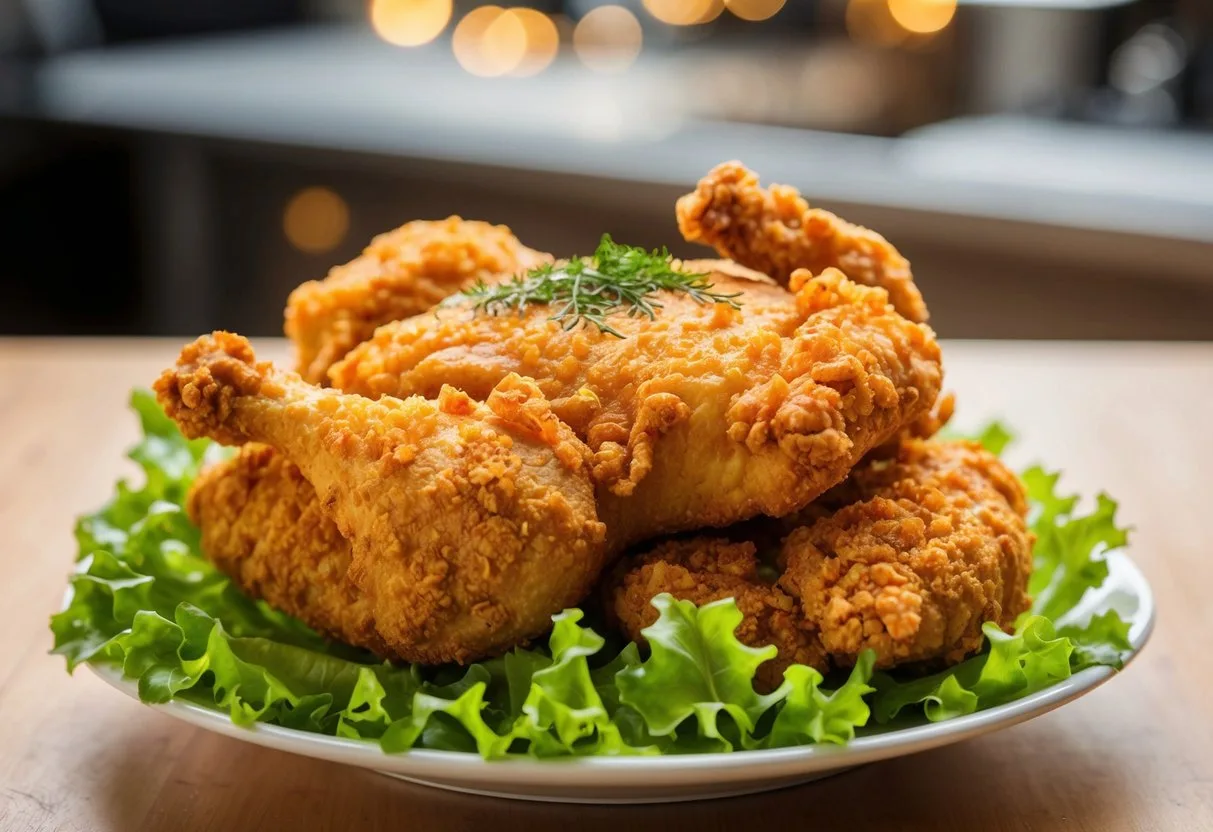 Golden fried chicken surrounded by a halo of crispy coating, resting on a bed of fresh lettuce and garnished with a sprinkle of herbs