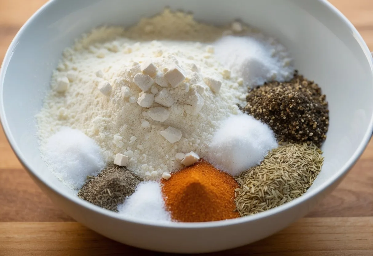 A mix of flour, salt, pepper, and 11 secret herbs and spices in a bowl