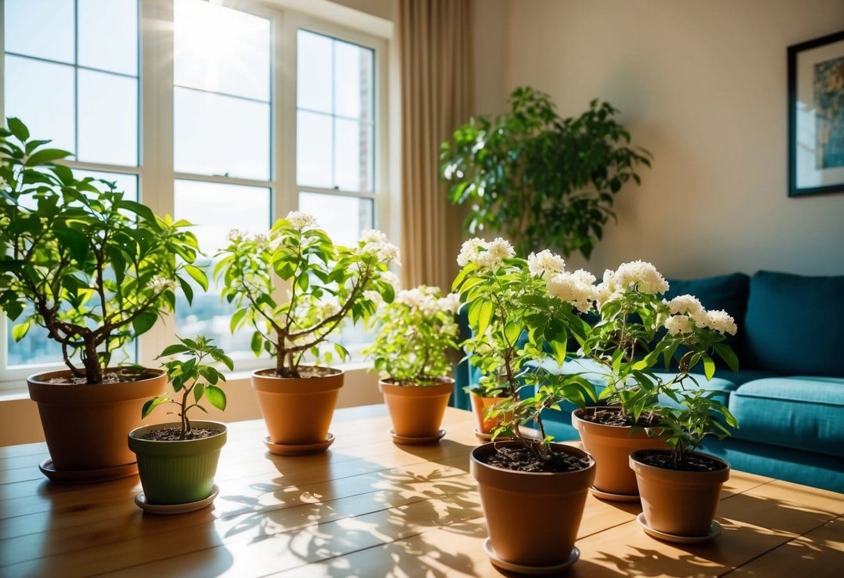 A cozy living room with sunlight streaming in through the window, showcasing various potted jasmine plants thriving indoors
