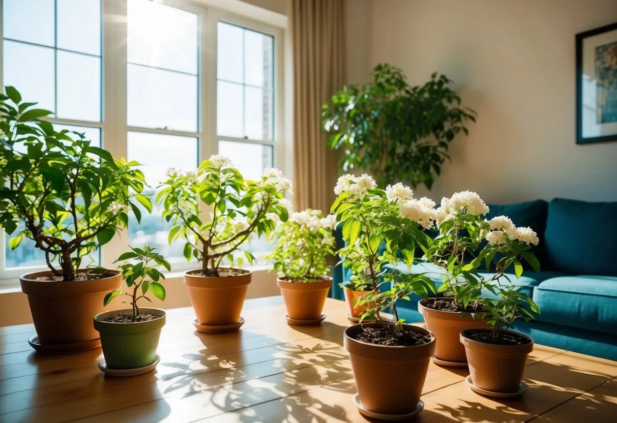 A cozy living room with sunlight streaming in through the window, showcasing various potted jasmine plants thriving indoors