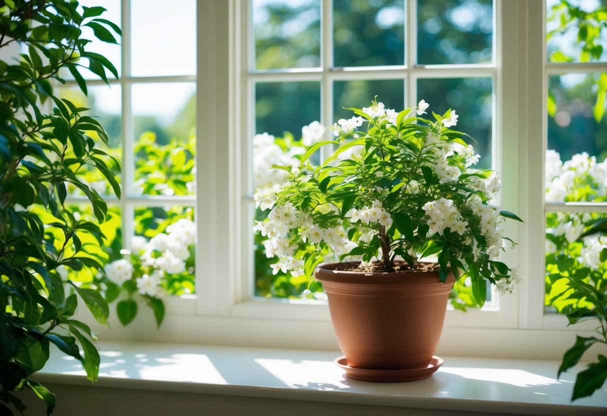 A bright, sunlit room with a large pot of jasmine plants on a windowsill, surrounded by lush green foliage and delicate white flowers