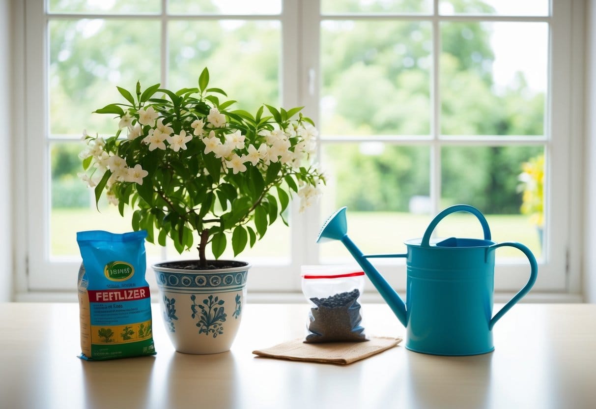 A bright, airy room with a large window, a watering can, and a bag of fertilizer next to a healthy jasmine plant in a decorative pot